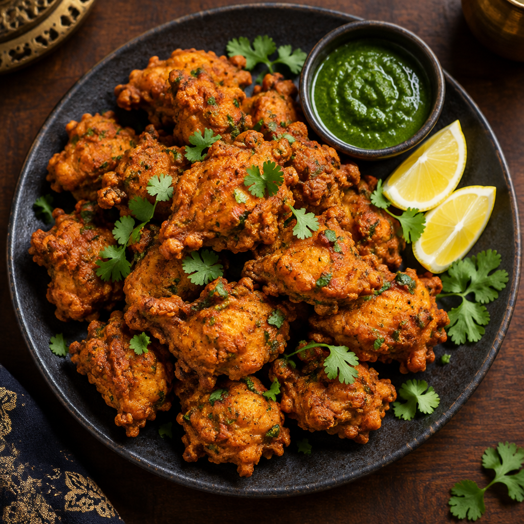 Crispy fried chicken pakora with cilantro and lemon