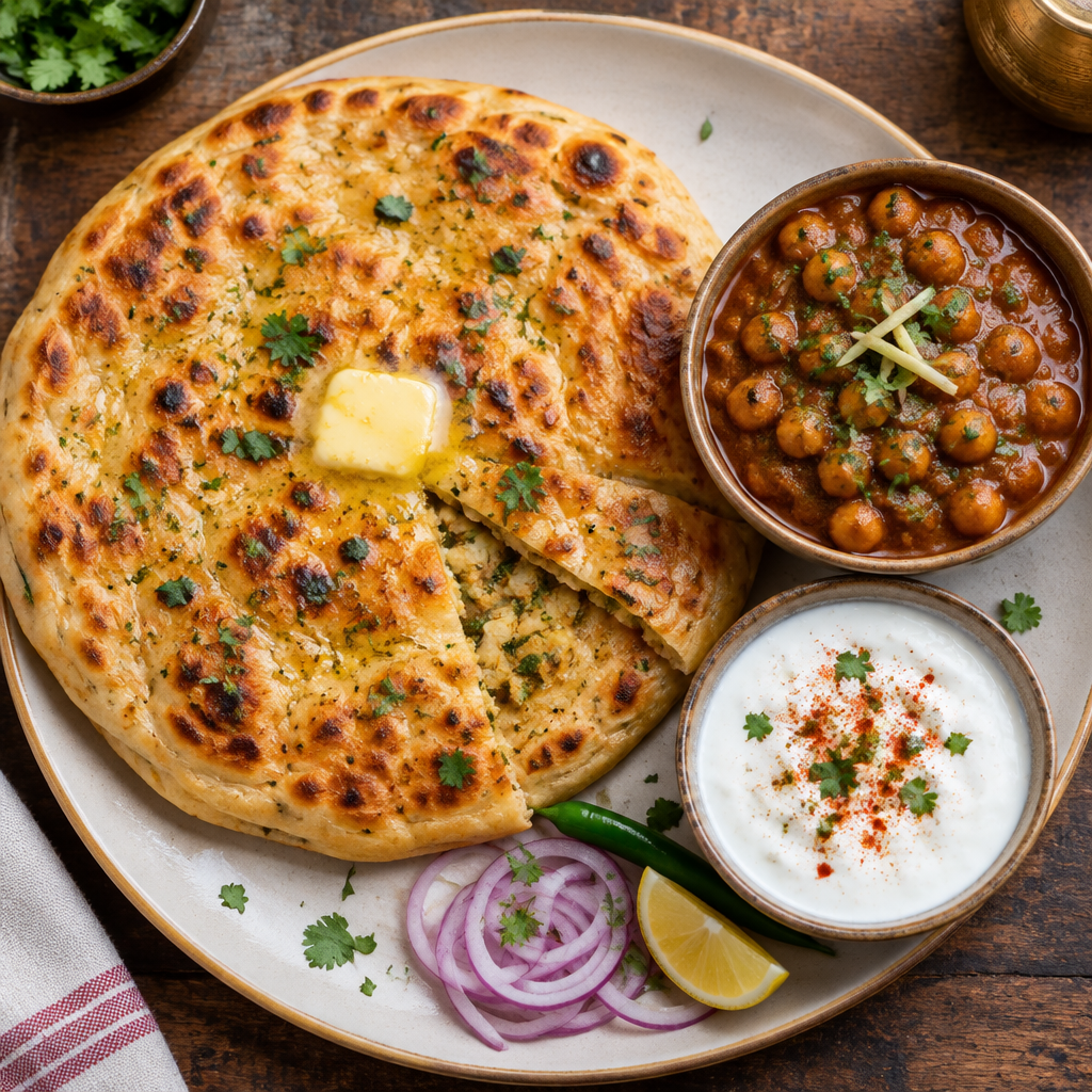Golden flaky Amritsari stuffed kulcha with chole