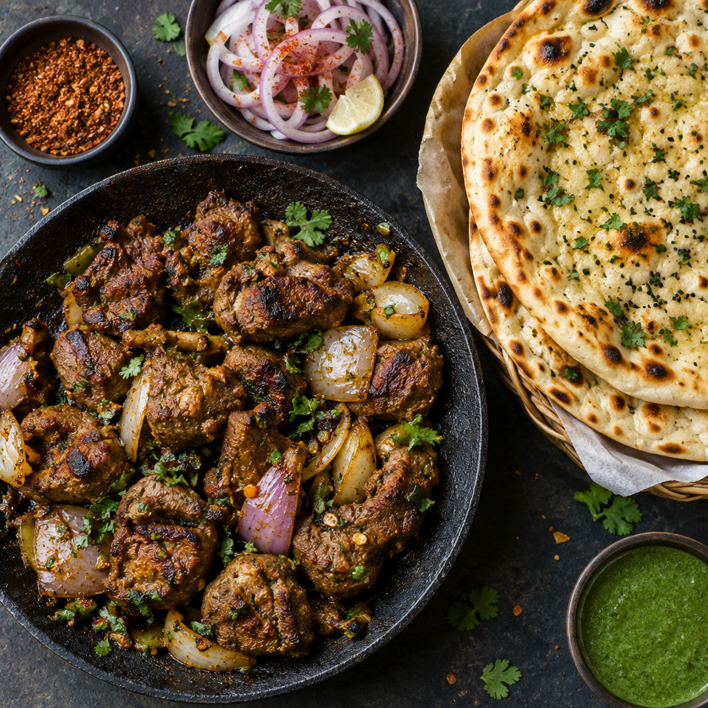 Tawa mutton tikka with kulcha bread
