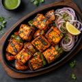 Grilled tandoori paneer tikka with onions and lemon