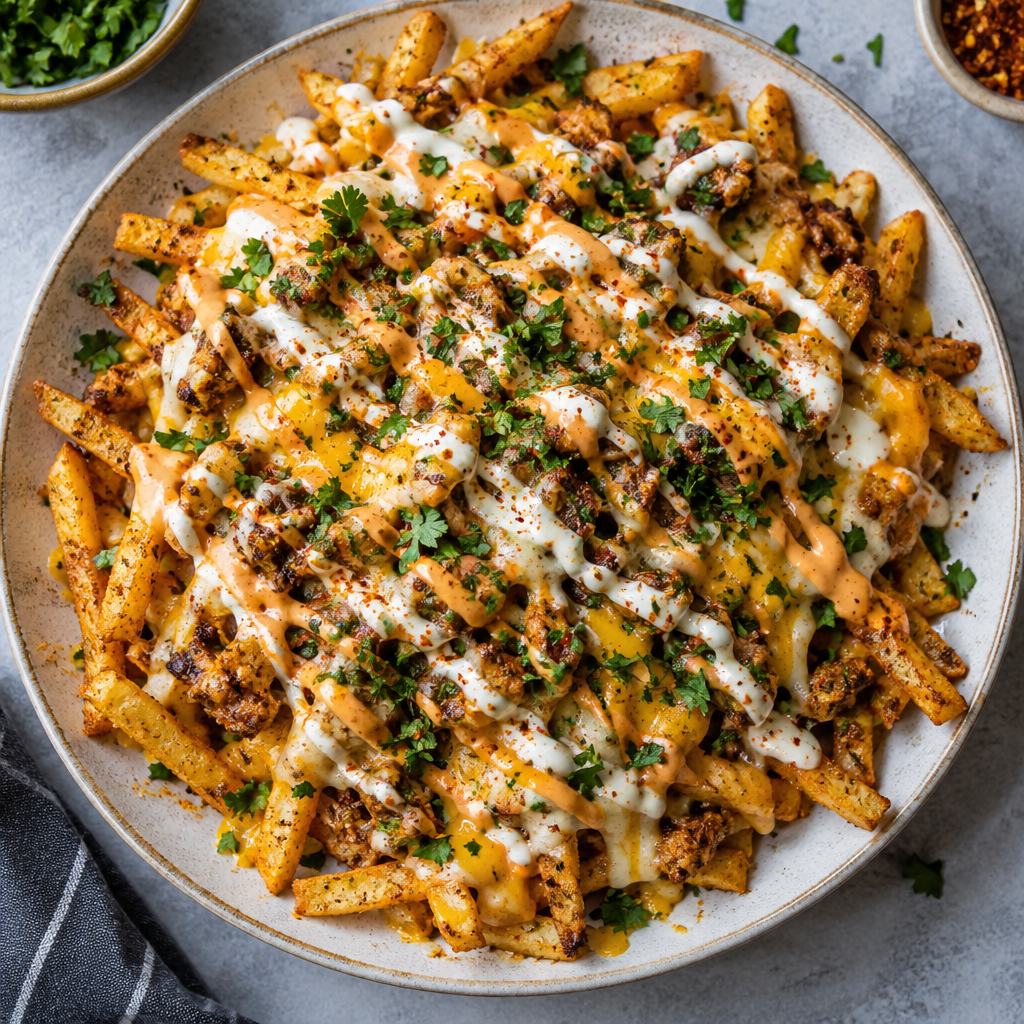 Loaded fries with cheese and spiced sauces