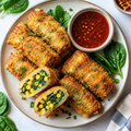 Crispy corn and spinach rolls with dipping sauce