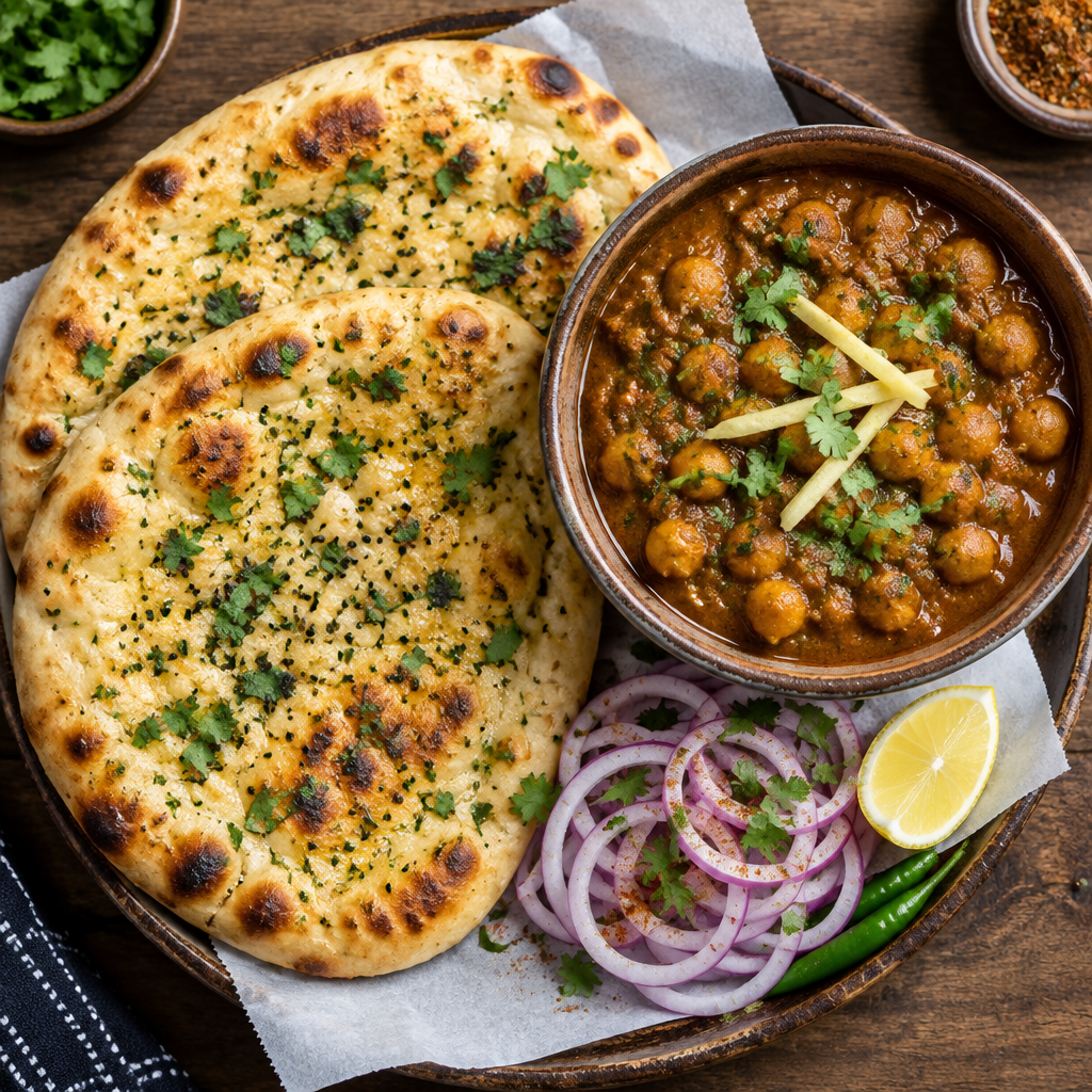 Kulcha bread served with spiced chickpeas chole
