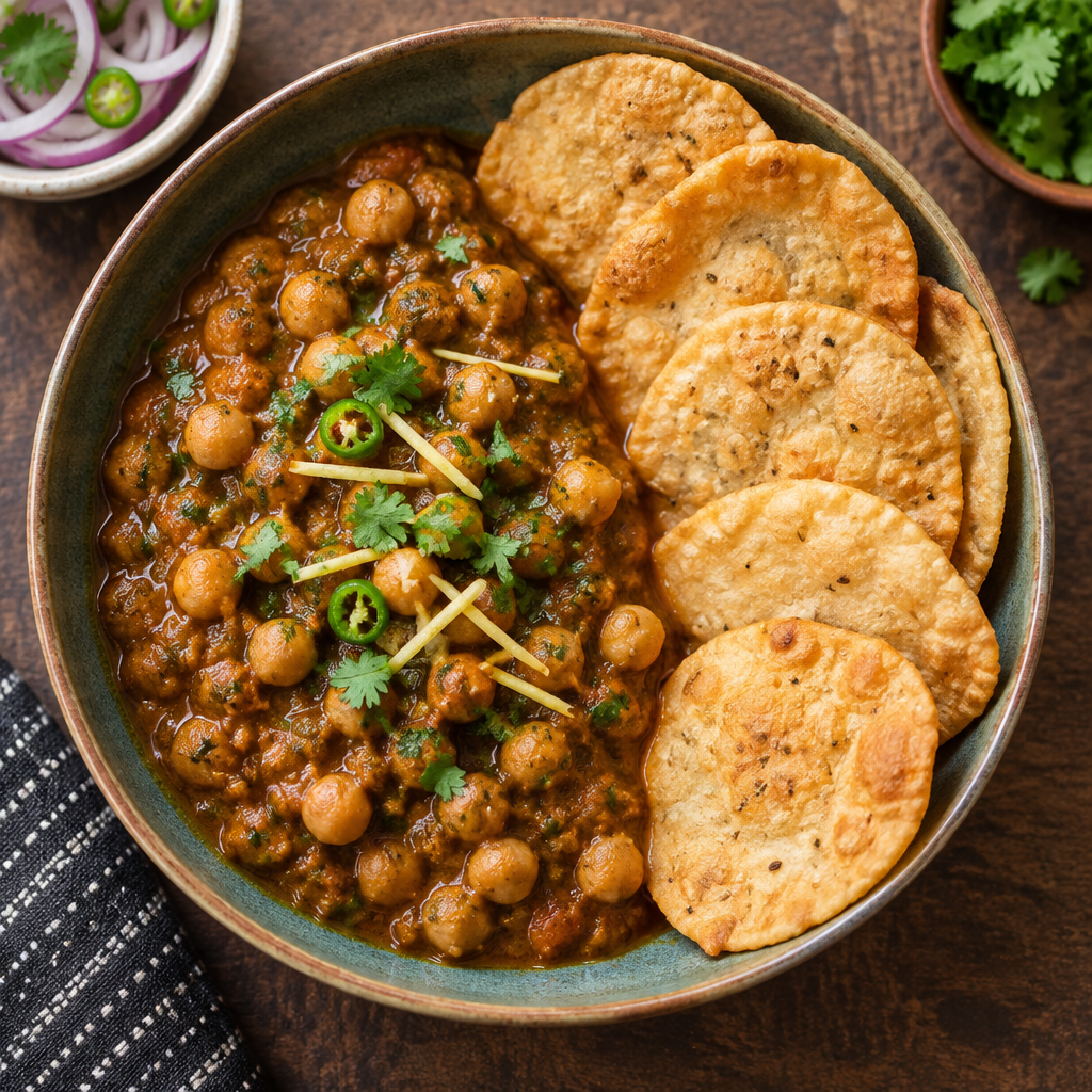 Spiced chickpeas in tangy gravy with fried bread