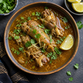 Rich Indian paya soup with cilantro and lemon