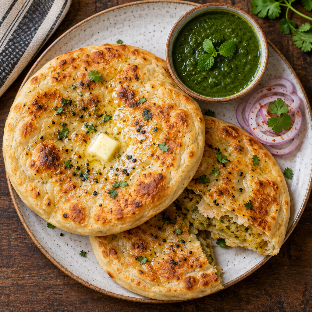 Golden flaky pattie stuffed kulcha with chutney