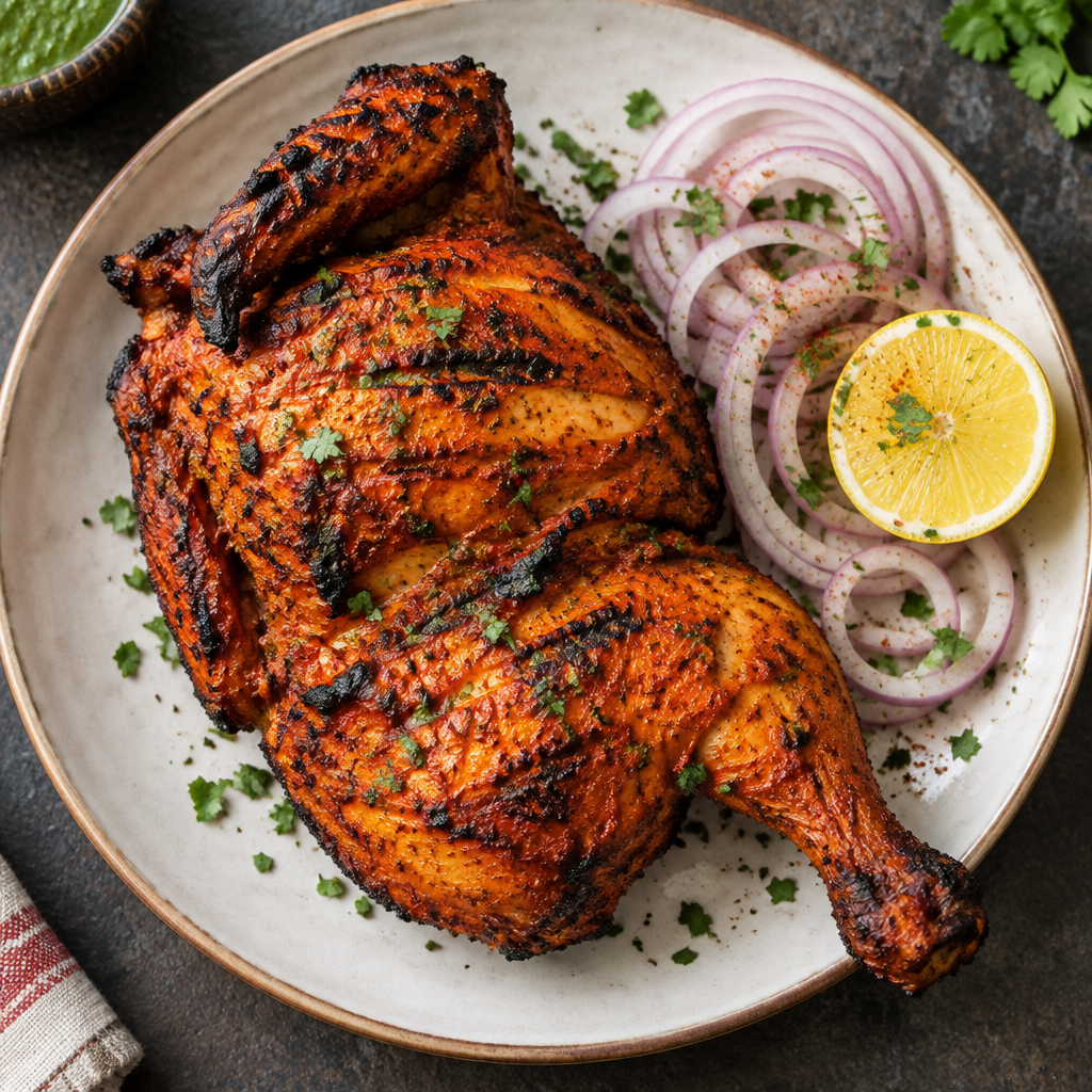 Half tandoori chicken roasted with charred edges