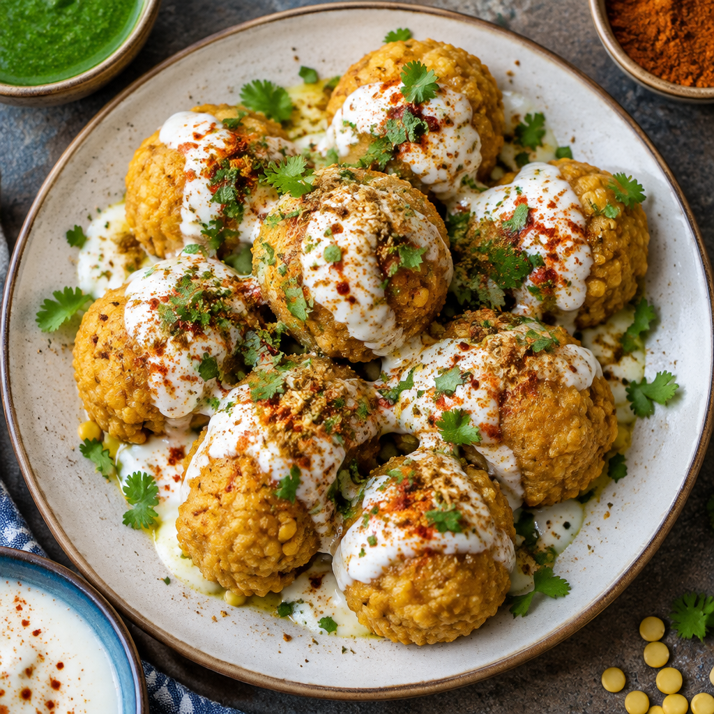 Golden lentil fritters topped with tangy yogurt