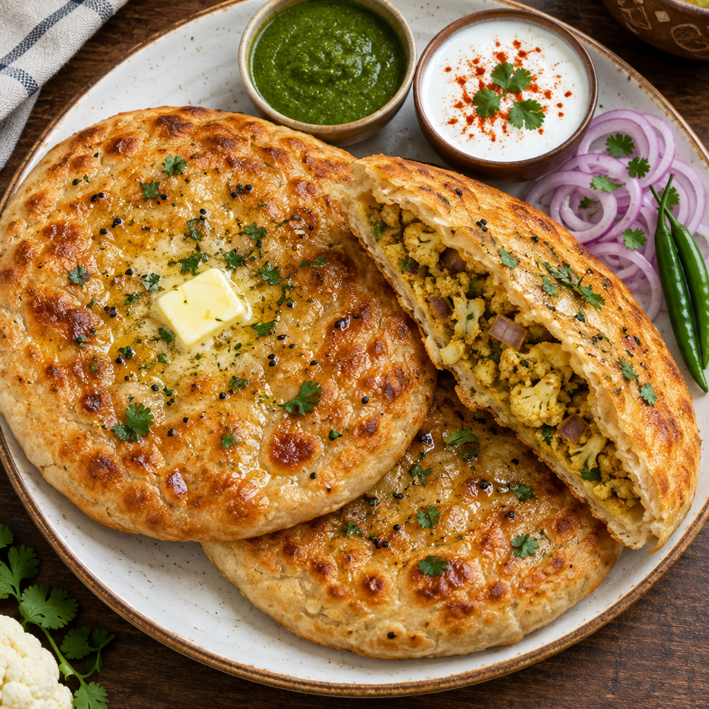 Golden flaky gobhi onion stuffed kulcha