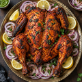 Whole tandoori chicken roasted with charred edges