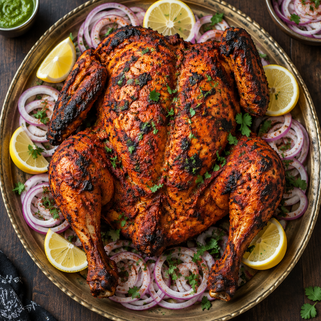 Whole tandoori chicken roasted with charred edges