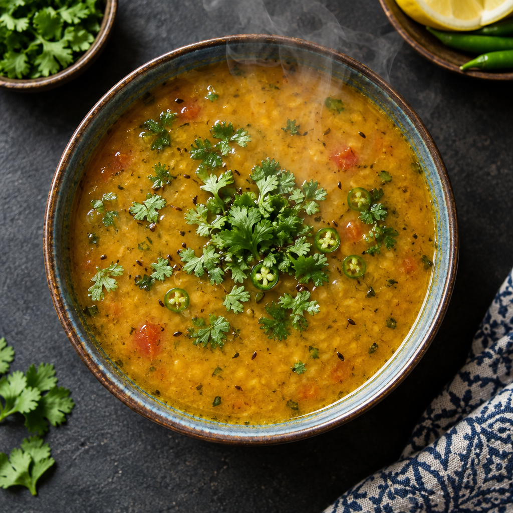 Warm Indian soup with herbs garnish
