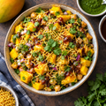 Mango chaat with sev, chickpeas, and chutneys
